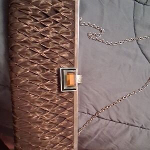 Sondra Roberts Metallic Brown Woven Clutch with Gemstone Accent